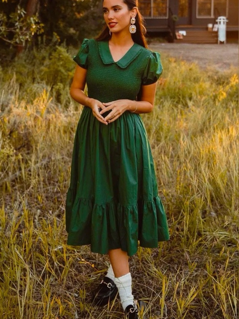 Ivy city co Green Smocked Dress with Peter Pan Collar cotton midi pockets 2x